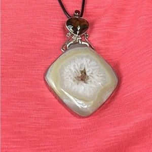 🌼Sterling extra large quartz pendant with wax cord necklace